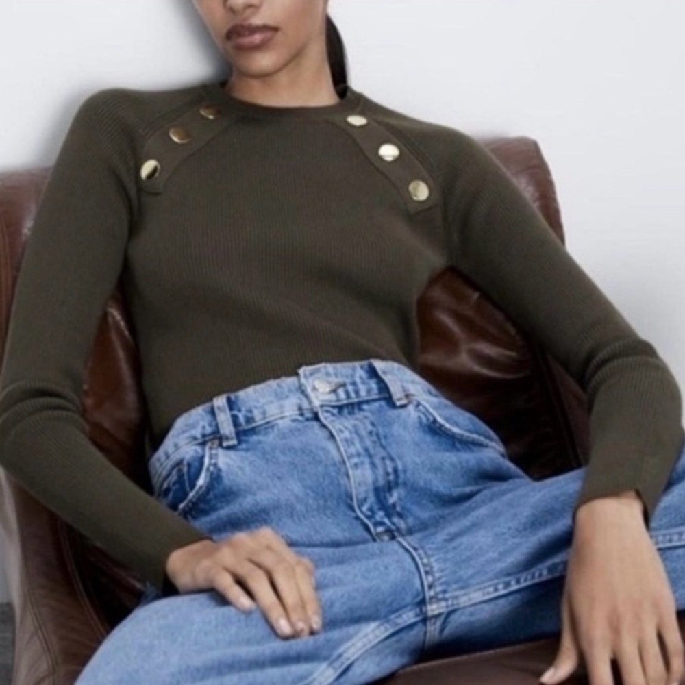 Zara Olive Green Crop Top with Gold Buttons